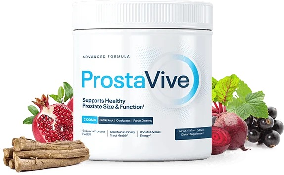 “ProstaVive supplement bottle with prostate health concept illustration”