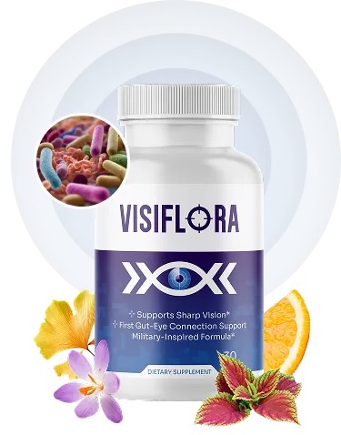 “VisiFlora gut health supplement concept showing digestive system and probiotic balance illustration”