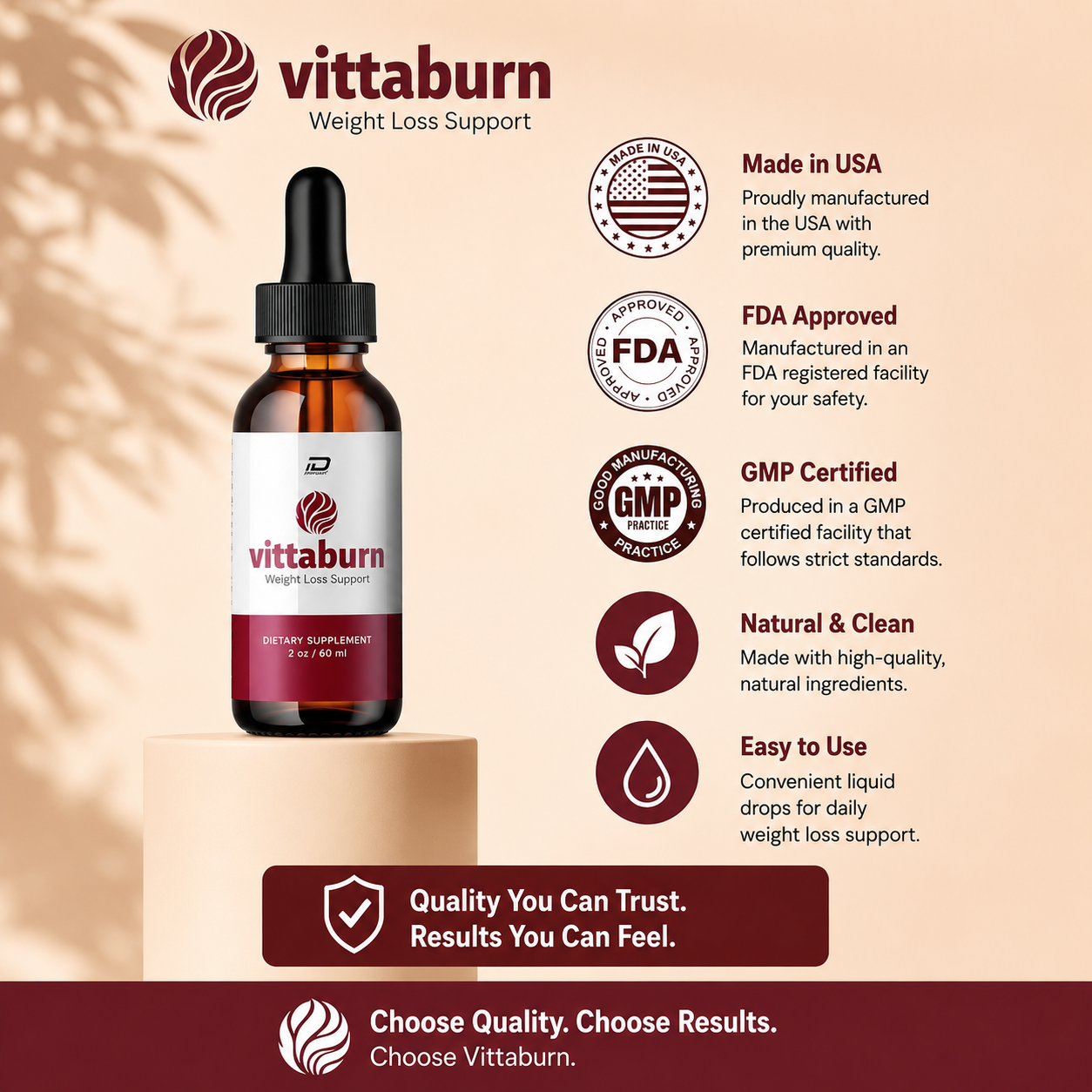 Vittaburn weight management drops bottle displayed with healthy lifestyle elements, supporting fat loss, steady energy, metabolism support, and daily weight balance for active wellness goals.