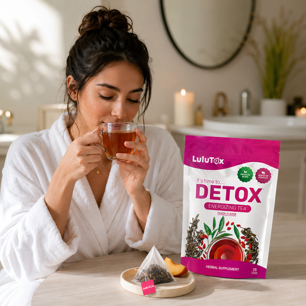 Lulutox Detox Tea benefits, ingredients, and refreshing peach-flavored daily wellness tea ritual