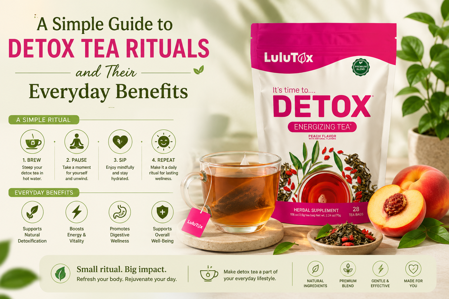 Lulutox Detox Tea peach flavored herbal blend for daily wellness routine