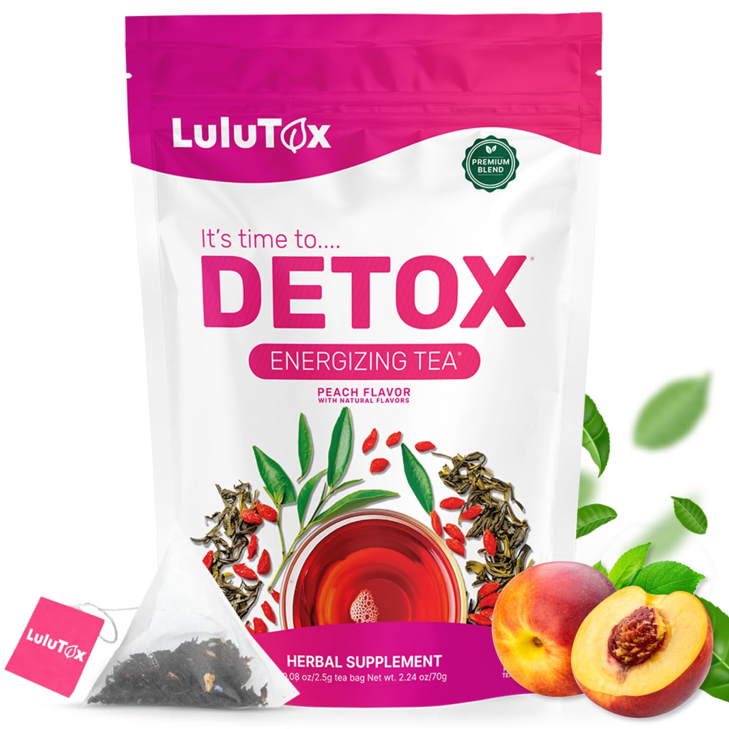 Lulutox Detox Tea peach flavored herbal tea blend for everyday wellness