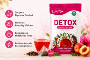 Peach-flavored Lulutox Detox Tea for everyday wellness